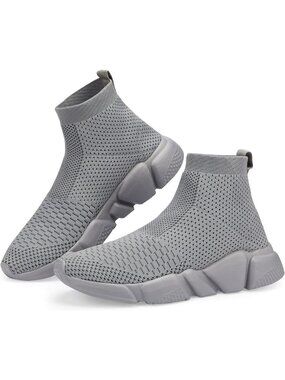 Men's Grey Lightweight High Top Sneakers Breathable Knit Athletic Running Shoes